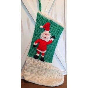 Vintage Santa Claus Christmas Stocking Crochet/Hand Knitted Green/Red/White  23"